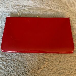 Vintage Red Glossy Handbag with Clear Lucite Handle
